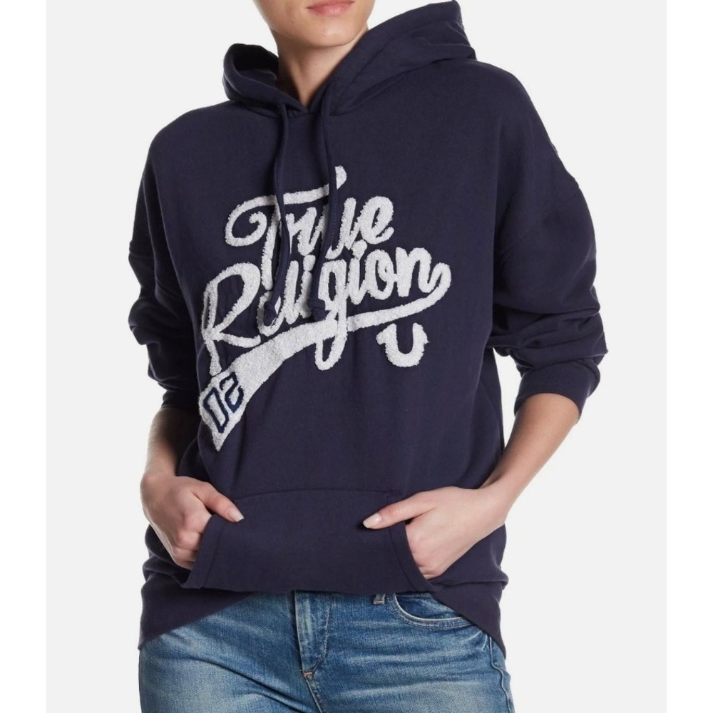 True Religion Hoodie Womens XL Blue Athletic Pullover Fleece Graphic Logo